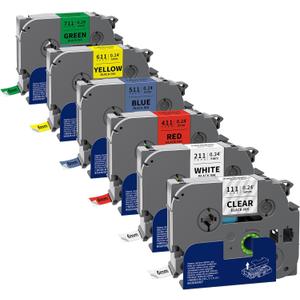 Labelwell 6-Pack TZe TZ Tape 6mm 0.23 Inch Laminated Multi Color Compatible for Brother P Touch Label Tape TZe-211 111 411 511 611 for PTouch PT-H110 D210 D220 D400, Clear/White/Red/Blue/Yellow/Green