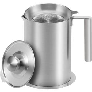 Sumerflos 1.8 L/1.9 Quart Stainless Steel Grease Strainer and Container - Large Oil Storage Pot Grease Keeper with Dust-Proof Lid & Easy Grip Handle - for Bacon, Kitchen Cooking or Frying Oil