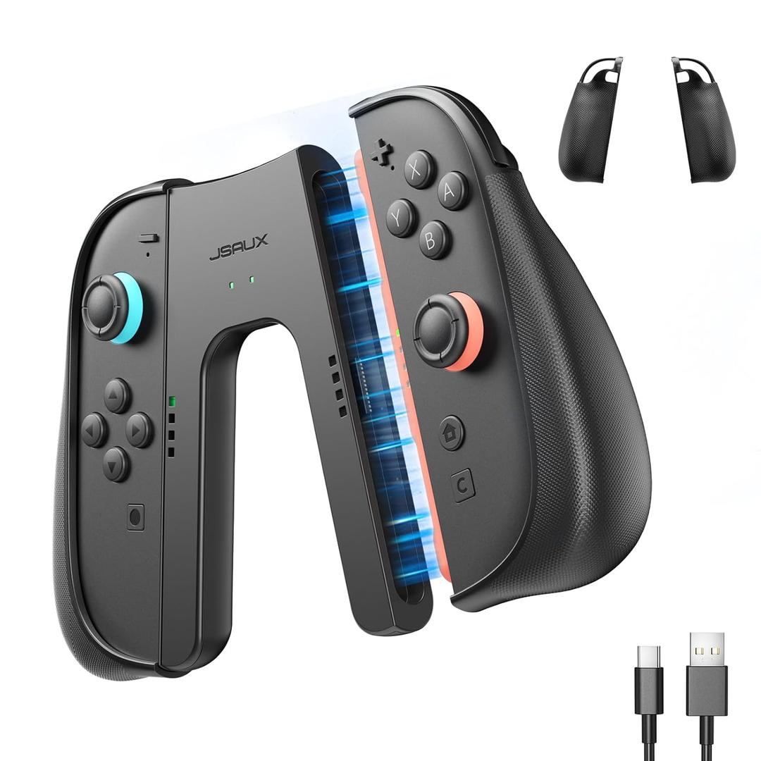 JSAUX Non-Slip Ergonomic Charging Grip for Switch 2, Magnetic Grip Controller Compatible with Switch 2 JoyPads, Play While Charging with LED Indicator & 1.5m/4.9ft Charger CableBlack
