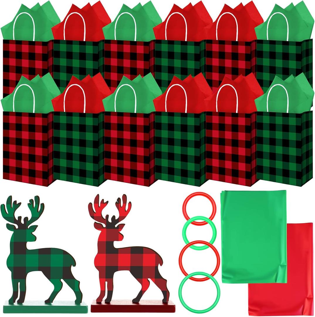 GlikCeil 30 Pcs Christmas Party Game Set 2 Wooden Reindeer Ring Toss 12 Paper Gift Bags Christmas Party Toss Game for Xmas Family Fun Games