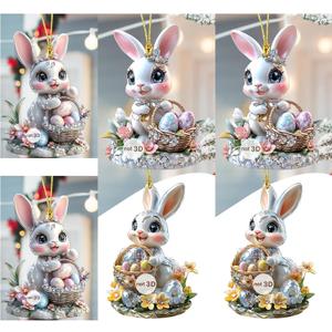 6Pcs Easter Decorations Easter Car Hanging Ornament 2D Flat Acrylic Hangable Rearview Mirror Pendant Cute Cartoon Rabbit Easter Eggs Ornaments Car Pendant Spring Easter Decorations Accessories