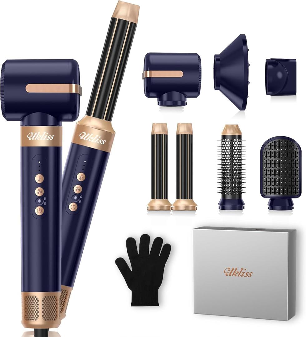 UKLISS Hair Dryer Brush 7 in 1110000 RPM Hair Dryer with Diffuser for Curly & Twisted Hair Professional Ionic Brush Blow Dryer for Salon-Quality Styling (Blue Gold)