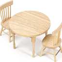 1/12 Miniature Dollhouse Round Table and 2 Chairs Dining Set, Mini Wooden Unpainted Burlywood Barbie Kitchen Furniture Accessories
