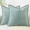 decorUhome Summer Chenille Soft Cozy Throw Pillow Covers 20x20 Set of 2, Modern Farmhouse Boho Velvet Decorative Pillow Cases with Stitched Edge for Couch Sofa Bed Home Decor, Aqua Haze