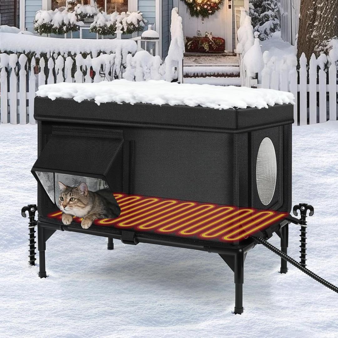 Heated Outdoor Cat House Weatherproof with Heating Pad, Heated Cats House for Outside, Insulated Feral Cat Houses for Outdoor Cats with Safe Escape Door, Elevated Outside Stray Cats Shelter(M) (M(21.2 * 12.6 * (11.8+5.9) In))