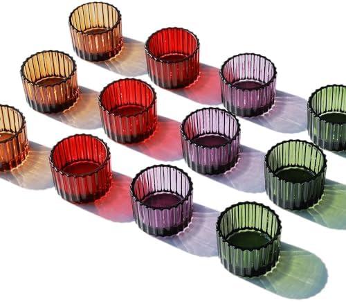VOHO 4 Colors Tealight Candle Holder Fall Decor Set of 6, Votive Candle Holders for Table Centerpiece, Ribbed Tea Light Candle Holder Glass for Halloween/Thanksgiving/Christmas Decorations/Gifts