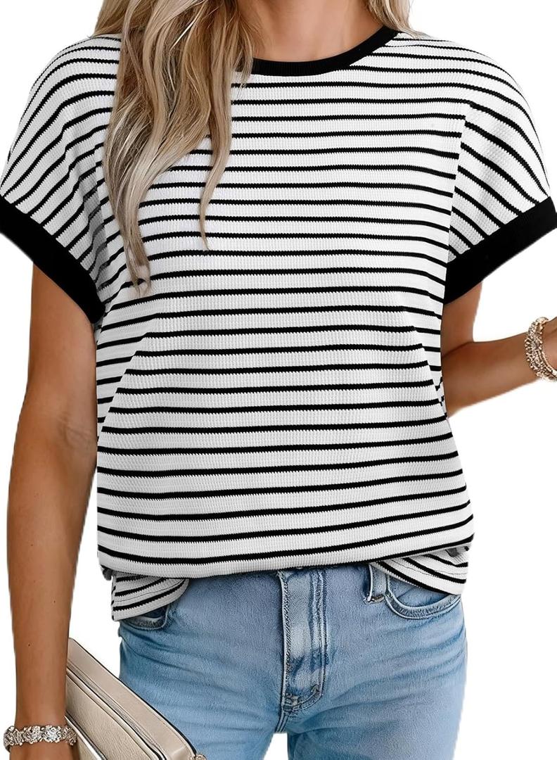 Acelitt Womens Short Sleeve Knit Tops 2025 Trendy Crewneck Striped T Shirts Casual Summer Blouses Outfits (Medium, Black)