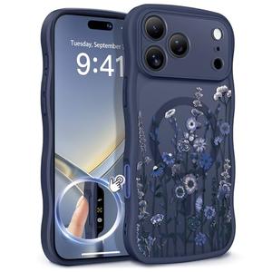 GVIEWIN for iPhone 17 Pro Max Case Compatible with MagSafe [Curly Wave Edge][Full Camera Protection] Floral Translucent Shockproof Magnetic Women Phone Case for 17 Pro Max, Floratopia/Blue