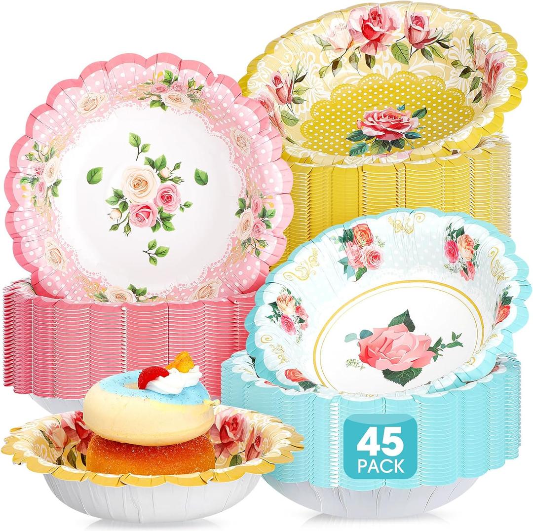 Domensi 45 Pcs Tea Party Paper Bowls 12oz Floral Vintage Soup Bowl Pink Blue Yellow Flower Disposable Food Bowls for Tea Party Wedding Mom Birthday Baby Shower Spring Holiday