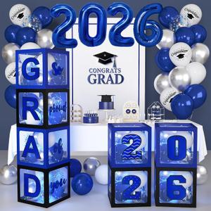 141Pcs Graduation Party Decorations 2026 Balloon Boxes Blue and Sliver Balloon Arch Garland Kit for College School So Proud of you Class of 2026 Graduation Party Supplies