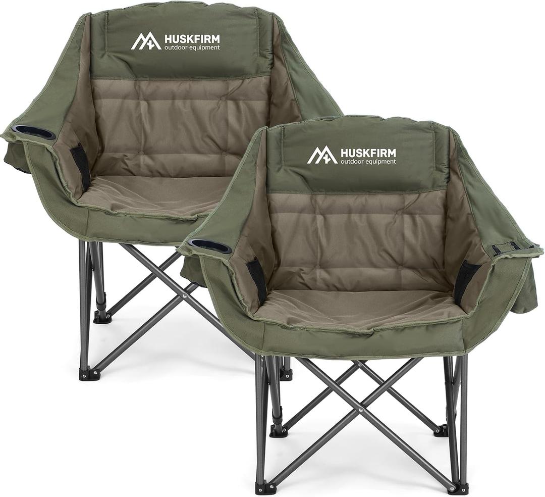 Huskfirm 2 Pack Camping Chairs Oversized Padded Camping Chair Heavy-Duty Foldable Camping Chairs with Cup Holder and Cooler Bag Portable Lawn Chair for Sports Outdoors-Support 450LBS,Green, Twin Pack