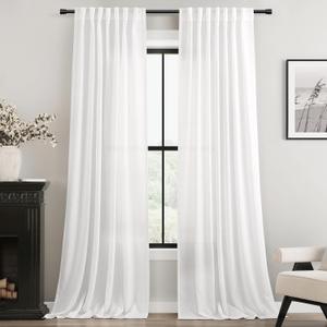 White Curtains 96 Inches Long 2 Panels Back Tab Light Filtering Cotton Textured Curtain Modern Farmhouse Coastal Decor Off White Linen Drapes for Patio Sliding Door Office Bedroom, 52"W x 96"L