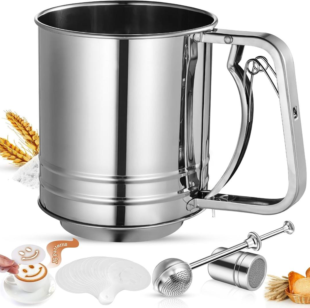 4 In 1 Flour Sifter Stainless Steel, 5 Cup Flour Sifter for Baking, Sifter for Baking with Powdered Sugar Duster Set, Flour Shaker Duster for Baking Cakes, Pies, Pastries, Desserts and Cupcakes