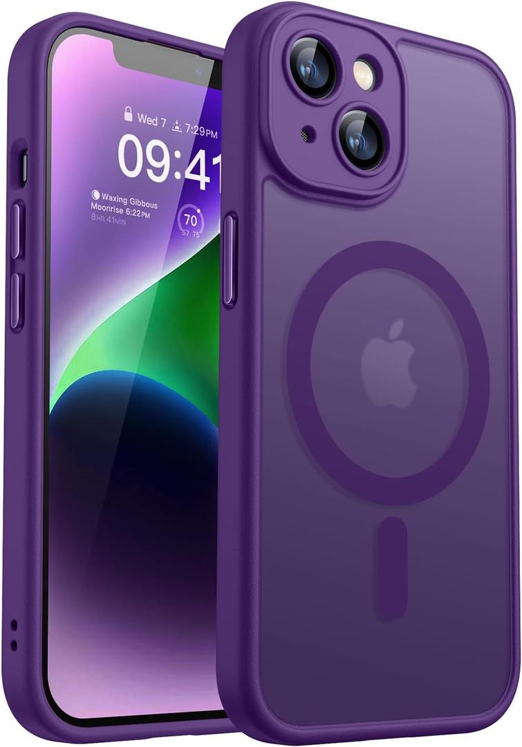 CANSHN Magnetic for iPhone 14 Case, Upgraded [Full Camera Protection] [Compatible with Magsafe] [Translucent Matte] Shockproof Protective Phone Case for iPhone 14 6.1" - Deep Purple