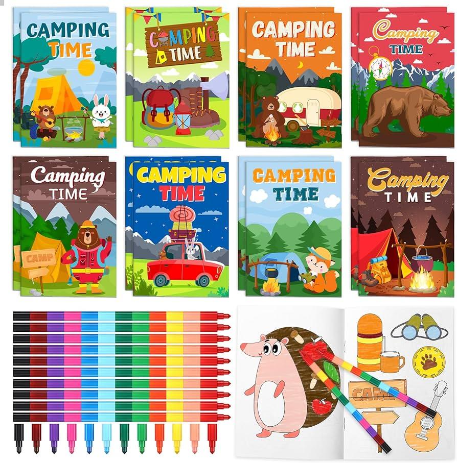 Pasimy 48 Pcs Camping Coloring Books with Stackable Crayons Coloring Pages Drawing Booklet Party Supplies for DIY Art Painting Goodie Bag Fillers