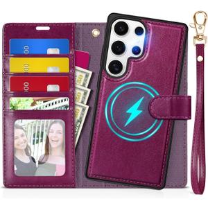 TUCCH Case Wallet for Galaxy S25 Ultra, [Detachable] 2 in 1 Magnetic PU Leather Wrist Strap RFID Blocking Wireless Charging 4 Card Slot Kickstand Removable Flip Cover for Galaxy S25 Ultra, Plum Purple