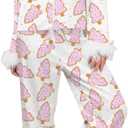 Women Christmas Pajama Sets Long Sleeve Button Down Fur Trim Shirt Matching Pants 2 Piece Lounge Set Sleepwear (Large, White)