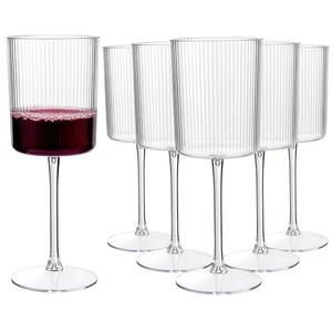 YOUBET 24 Pack Plastic Ribbed Wine Glasses - 10 OZ Clear Square Wine Glasses with Stem - Heavy Duty Vintage Disposable Champagne Cups for Wedding Parties