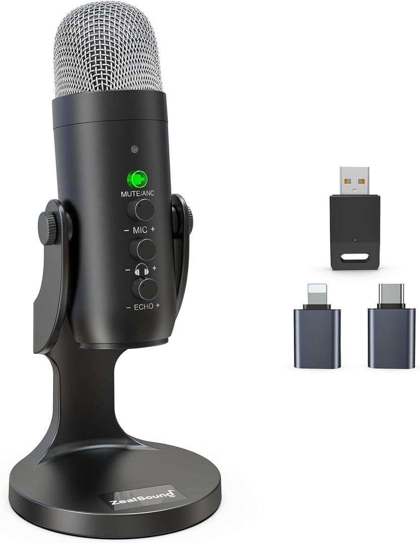 ZealSound Wireless Microphone, USB Mic for iPhone PC iPad Android Phone-Cordless Condenser Desktop Microphones with Mute Echo Monitor Volume Gain 2.4GHz for Podcast, ASMR, Gaming, YouTube Video/K66 Black