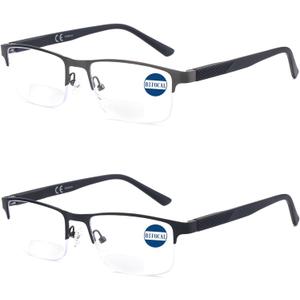 Missfive 2 Pack Mens Bifocal Reading Glasses, Blue Light Blocking Far Near Dual-use Readers, Durable Spring Hinge Quality Metal Frame Eyeglasses 2.5x, Black & Gunmetal