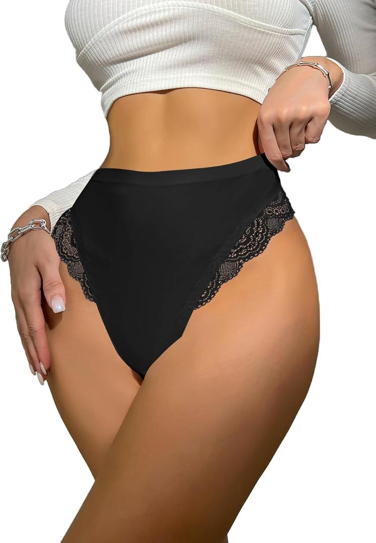 Milumia Women Sexy Lace Panties Underwear High Waisted Thongs French Cut Bikinis (Large, Black)