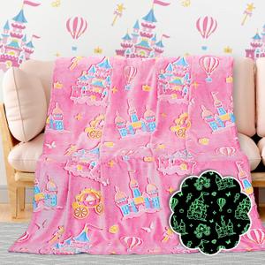 BORORO Glow in The Dark Princess Blanket for Girls Valentines, Princess Castle Gifts Toys for Girls, Pink Throw Blanket for Couch Bed Room Decor, Soft Fleece Plush Bedding for Kids Toddlers 50" x60