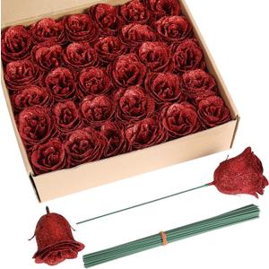 Artificial Roses with Stems, 26 pcs Red Glitter Roses Silk Roses Artificial Flowers for Crafts Wedding Bouquet Home Decoration(Red)
