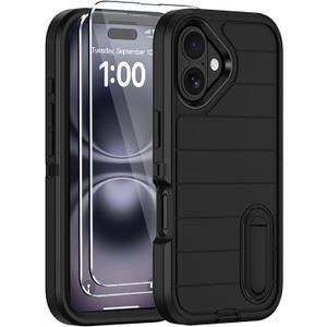 for iPhone 16 Plus Case with Screen Protector,Built-in Invisible Kickstand,Heavy Duty Shockproof Drop Protection Military Grade Tri-Layer Rugged Durable Cell Phone Cover for Apple 16 Plus 6.7" (Black