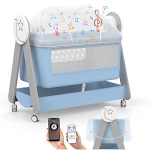 Electirc Baby Bassinet, Rocking Baby Bassinets Bed Sleeper for Newborn with Remote Control,Smart Baby Crib with Wheels, Portable Baby Cradle for Infant with 3-Speed Swing and Timer,Bluetooth(Blue)
