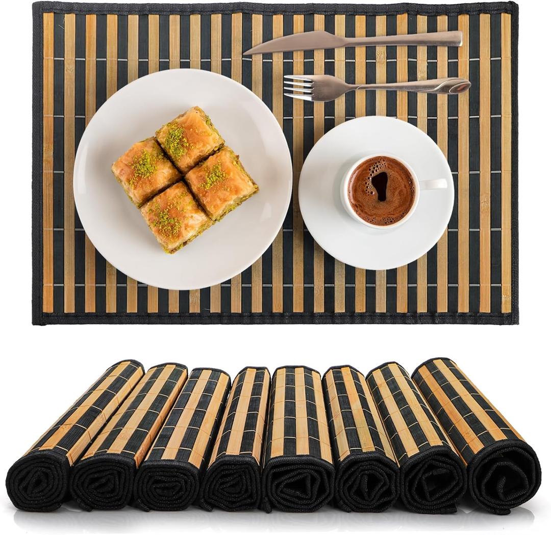 8 Pack Bamboo Placemats, 18 x 12 Inch Anti-Slip Table Mats, Rustic Japanese Style Heat-Resistant Dining Place Mats for Dining Room Kitchen Wedding Restaurant Party