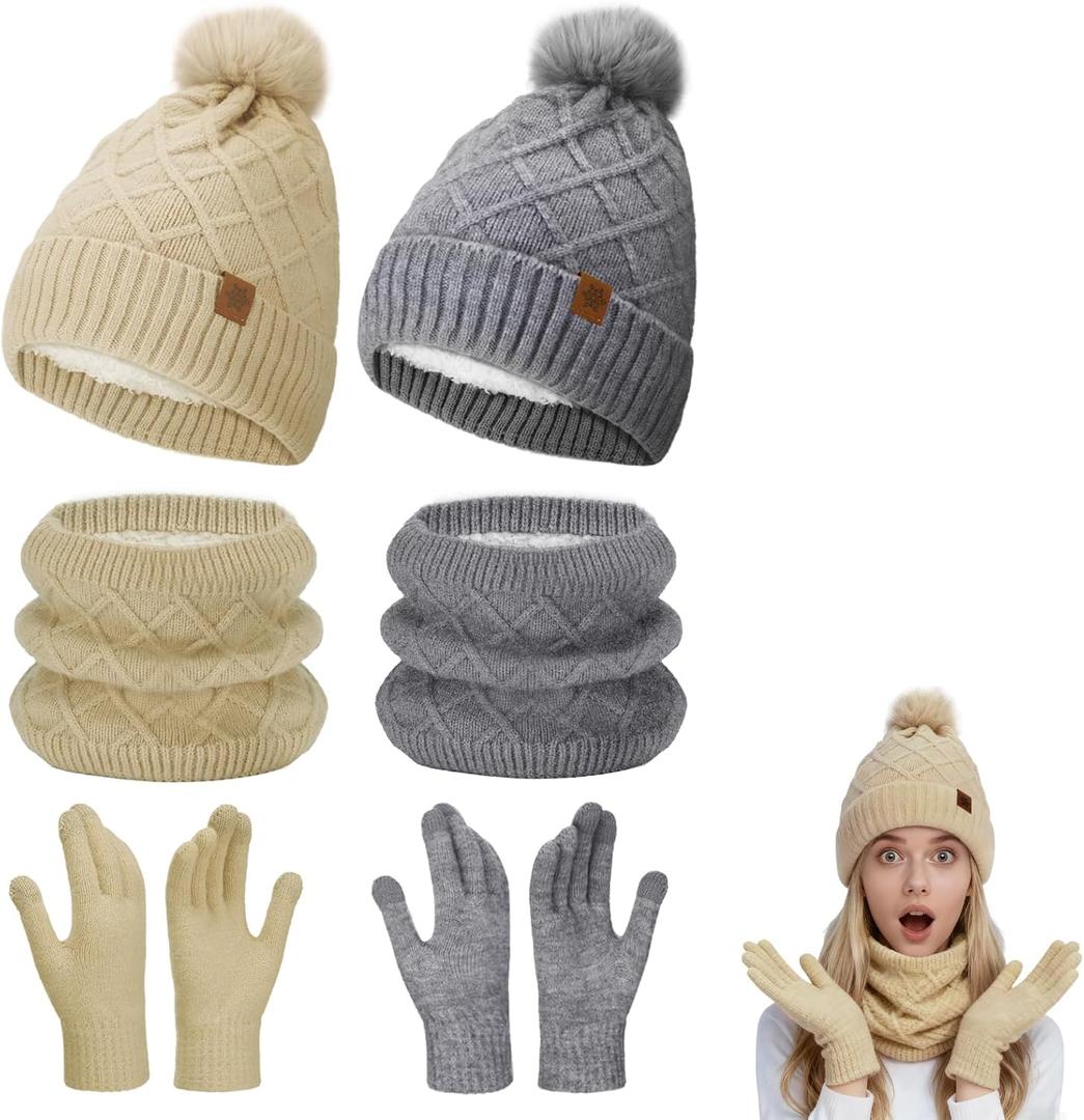 MEWTOGO Thick Fleece Winter Warmer Breathable Beanie Neck Gaiter Touchscreen Gloves Set for Women Gifts, 2 Sets