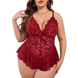 Avidlove Plus Size Lingerie for Women Lace Bodysuit One Piece Teddy Babydoll Mesh Chemise V Neck Sleepwear L-5XL (Dark Red)