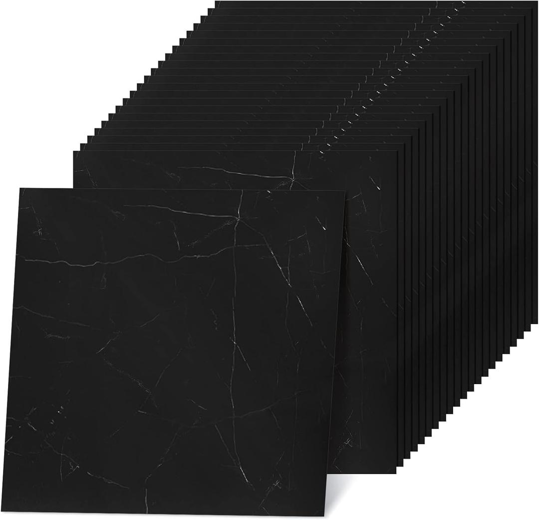 Spiareal 48 Pieces Peel and Stick Floor Tiles Vinyl Flooring 12 x 12 Inch Stick on Floor Tile Self Adhesive Waterproof DIY for Bathroom Kitchen Bedroom Living Room(Black Marble)
