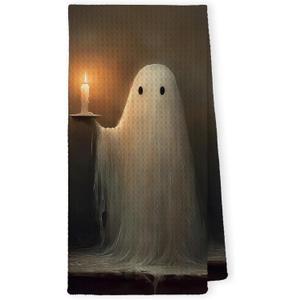 Halloween Ghost Kitchen Towels - Dark Academia Decor Hand Towel for Bathroom, Vintage Spooky Ghost Holding Candle Halloween Hand Tea Towel for Bathroom Kitchen, 16x24inch