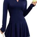 ECUPPER Women Long Sleeve Tennis Dress Polo Collared Workout Dress V Neck Athletic Golf Dresses with Shorts for Active Sports, Small, Navy 