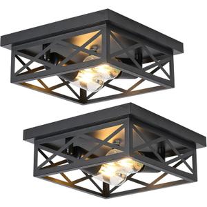 Black Flush Mount Ceiling Light 2 Pack, Cage Industrial Farmhouse Ceiling Light Fix-tures Suitable for Kitchen Entryway Hallway E26 Base (10.0 in)