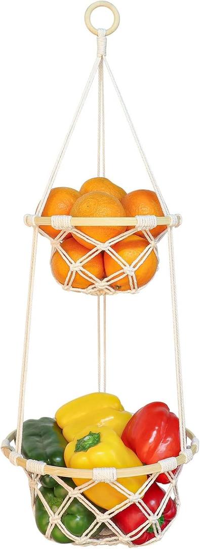 2 Tier Macrame Hanging Fruit Basket, Boho Vegetable Holder for Kitchen Food Storage with Hook, Bohemian Cotton Produce Multi Organizer, Plant Hanger Decor for Home Living Room Women Christmas Gift
