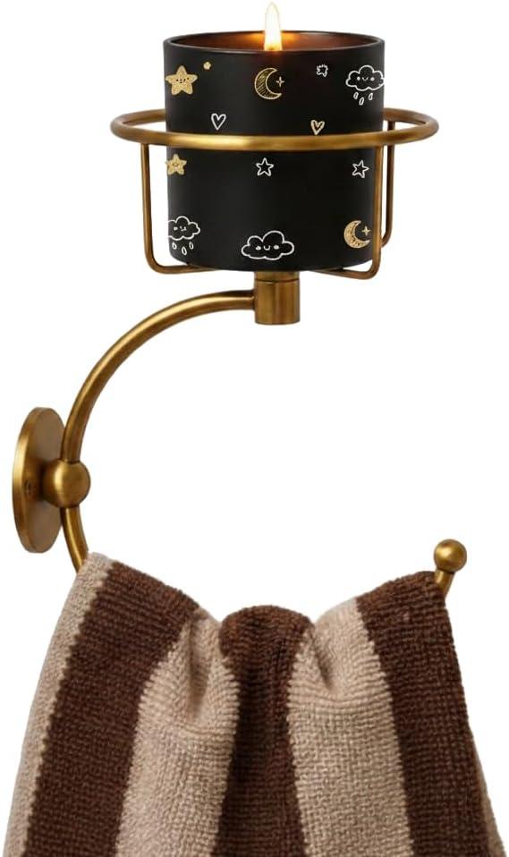 100% Solid Brass Hand Towel Holder for Bathroom Wall  Towel Ring with Candle Holder  Vintage Wall Candle Sconce Bathroom Decor  Antique Brass Towel Holder