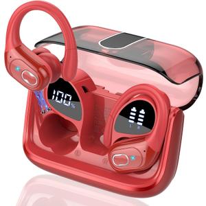 Wireless Earbuds 75hrs Bluetooth 5.4 Headphone Sport, 2026 Bluetooth Earbuds Stereo Deep Bass Over Ear Bud with Earhooks, ENC Noise Cancelling Mic, IPX7 Waterproof Earphone for Gym/Workout/Run, Red