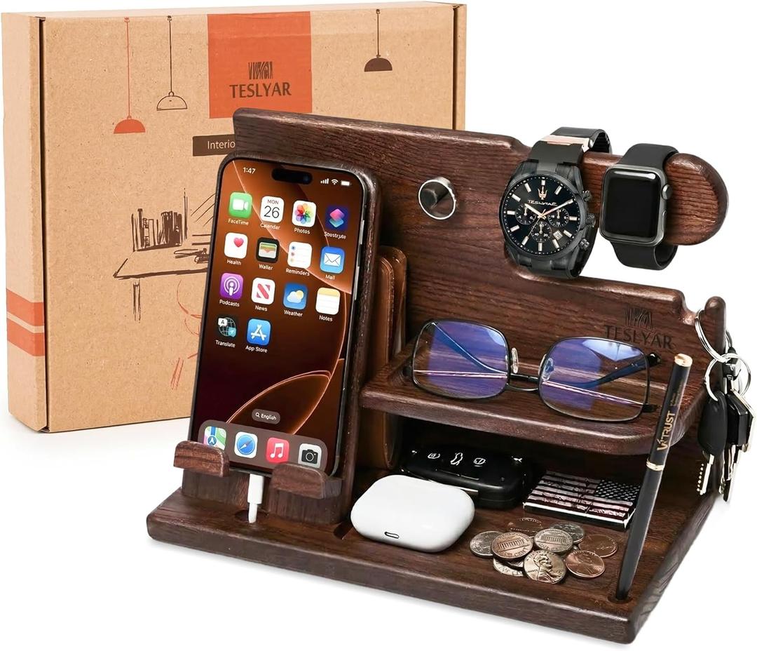 TESLYAR Wood Phone Docking Station for Men - Desk or Nightstand Organizer - Birthday Gifts for Husband, Dad - Anniversary Idea from Wife - Key Holder, Stand Wallet, Watch & Essentials (Bourbon Brown)