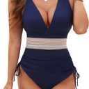 Blooming Jelly Women's Tummy Control Swimsuits One Piece Bathing Suit Modest Color Block Drawstring Swimwear (XX-Large, Navy Blue)