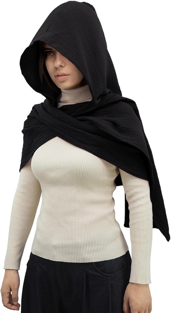Women Men Fashion Shawl Scarf Cape | Multifunctional Hooded Cowl | Medieval Linen Cotton Cowl Hood |Vintage Goth Costume (Black, One Size)