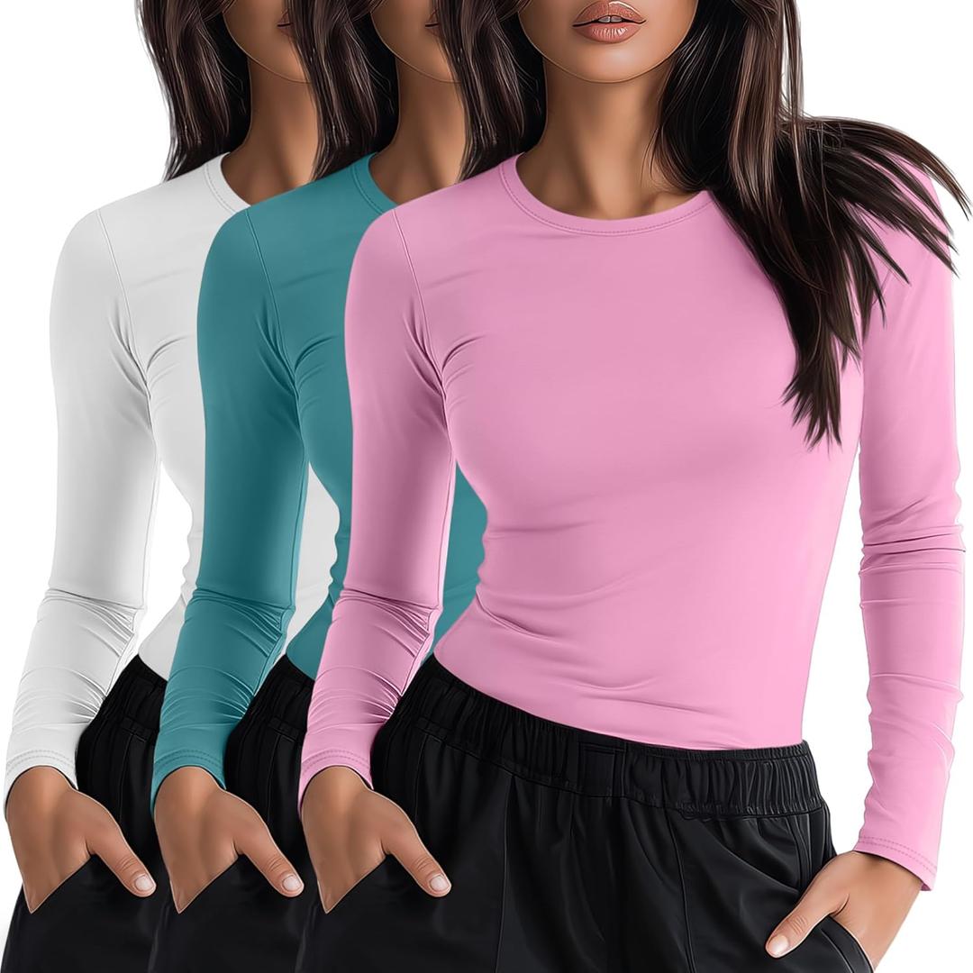 Neer 3 Pack Womens Underscrub Shirts Long Sleeve Crewneck Tops Fitted Layering Clothes Comfort Knit Tops for Nurse (X-Small, White, Lake Green, Pink)