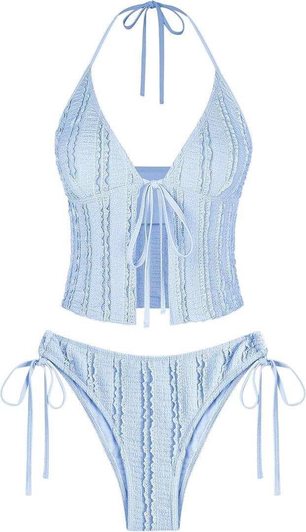 ZAFUL Tankini Swimsuits for Women Smocked Ruffles Tie Front Bowknot Textured High Cut Tanga Tankini Set (Medium, Re-light Blue)