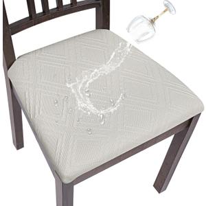 SearchI Water Repellent Seat Covers for Dining Chairs, 4 Pack Jacquard Stretch Dining Room Chair Seat Covers, Kitchen Chair Seat Covers Protectors (Beige Diamond)