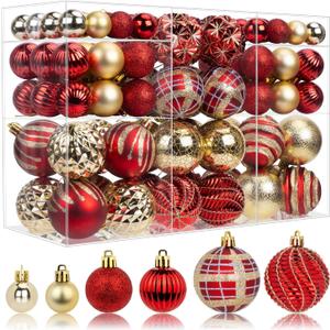 100ct Christmas Ball Ornaments Set, Red and Gold Shatterproof Hand-Painted Hanging Baubles Decoration Bulk for Xmas Tree, Wreath, Garland, Home Holiday Decor