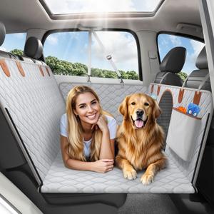 Dog Car Seat Cover for Back Seat, Back Seat Extender for Dogs with Hard Bottom Holds 330lbs Waterproof Back Seat Pet Cover for Dogs with Mesh Window, Dog Hammock for Car, SUV, Small Truck (Gray + Brown)