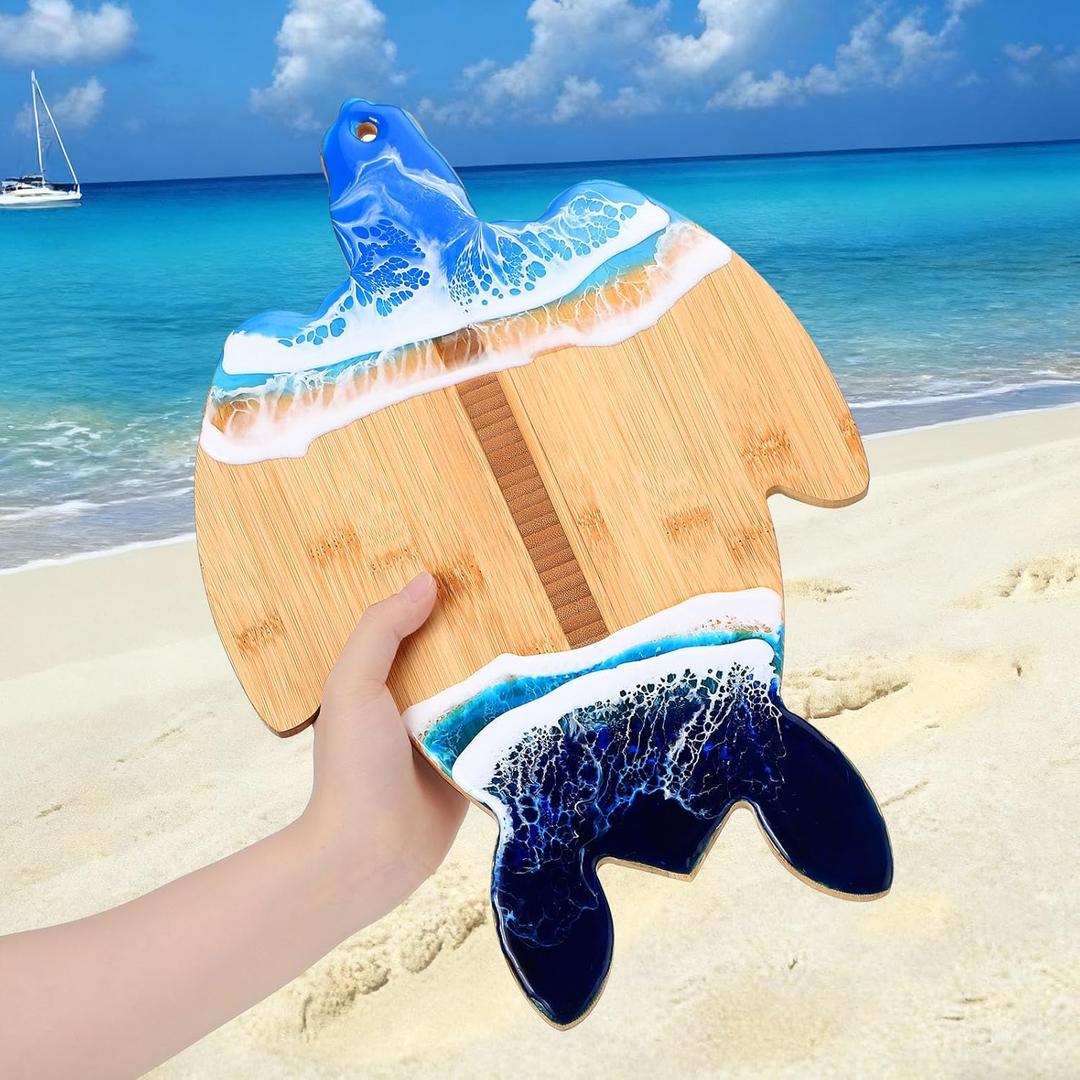 Sea Turtle Shaped Cutting Board with Blue Resin Wave Bamboo Ocean Charcuterie Board Kitchen Meal Serving Tray Cooking Gifts for Summer Neighbor Housewarming Display, 14.5 x 10 Inch