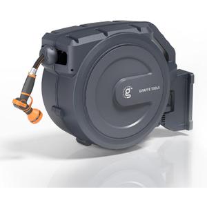 Giraffe Tools Retractable Garden Hose Reel, 5/8" x 62 ft Wall Mounted Hose Reels with 180 Swivel Bracket, Any Length Lock Hose Reel with 9- Function Sprayer Nozzle