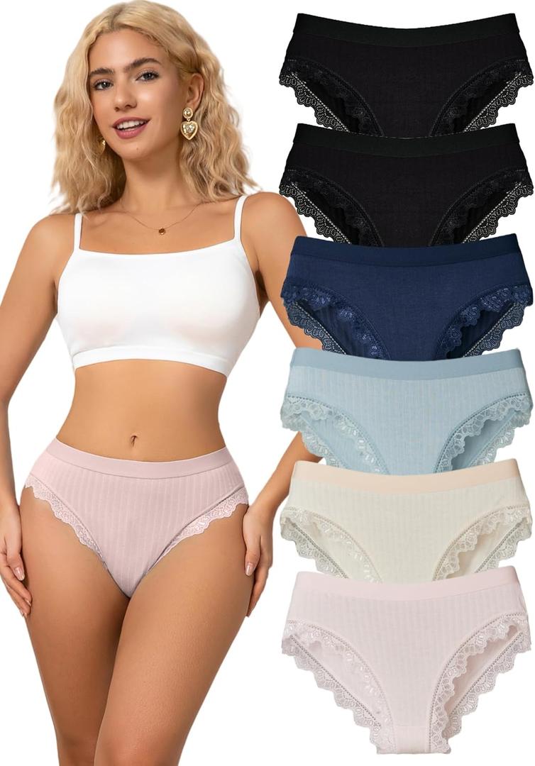 Sexy Underwear for Women Plus Size Panties Women's Underwear Sexy Lace Trim Lacyfit Lady's Multicolor Lace Bikini Pack (4X, 6pcs-black/Blue/Pink/Nude/Navy Blue)